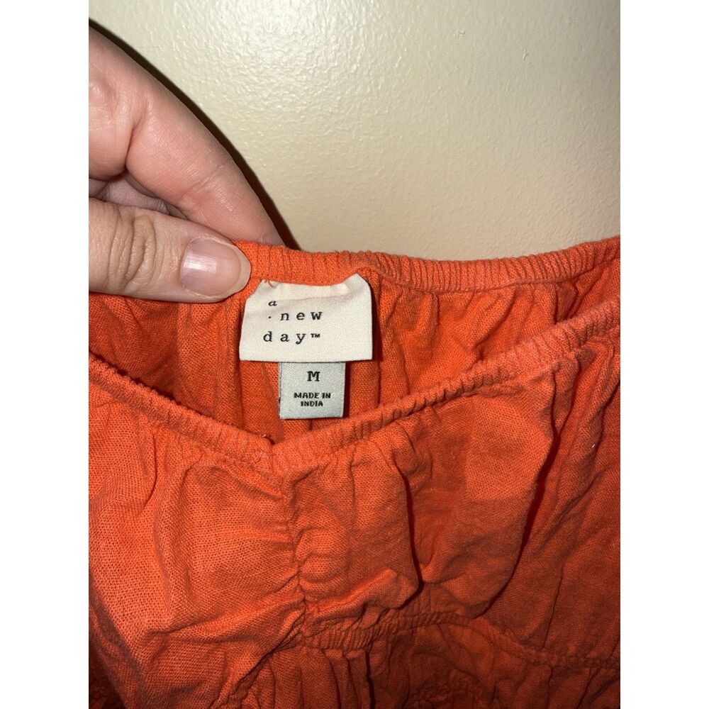 A New Day Orange Linen Blend Puff Sleeve Crop Peasant Top Size M - Picture 3 of 8